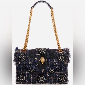 Kurt Geiger Tweed Navy and Gold Embellished Kensington Shoulder Bag